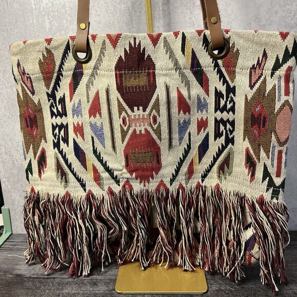 Raj L.A. Handbags - Ray L A Boho TapestryTote Bag Fringe Woven Tapestry Large Shoulder Purse
